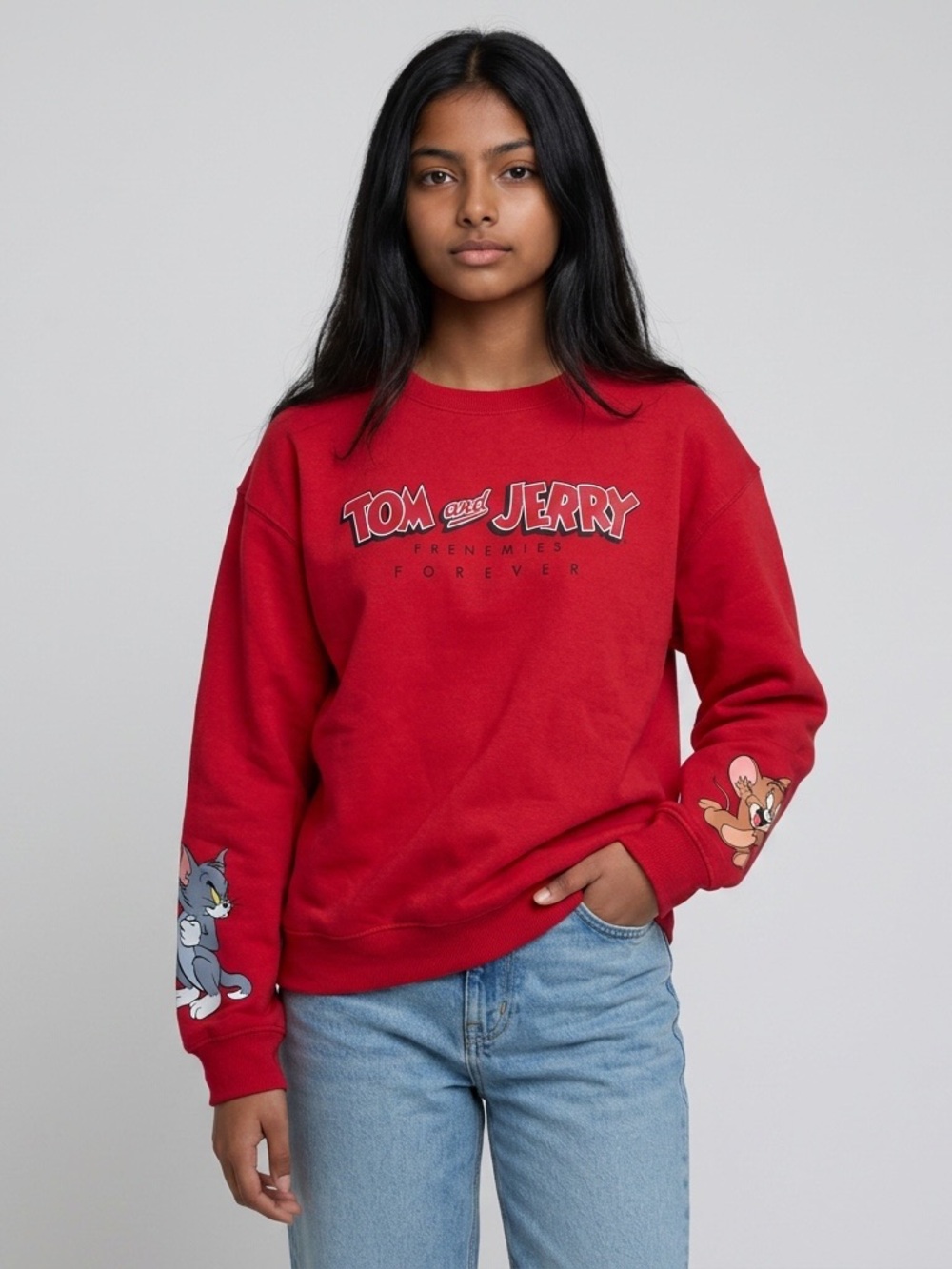 Tom and Jerry Graphic Sweatshirt Cartoon Crewneck Pullover Red XL
